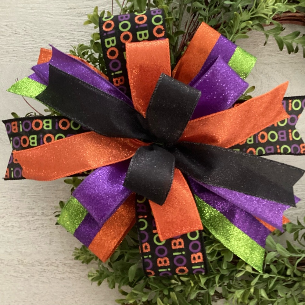 Boo! Halloween Bow with Orange, Purple, Black, and Green Accents